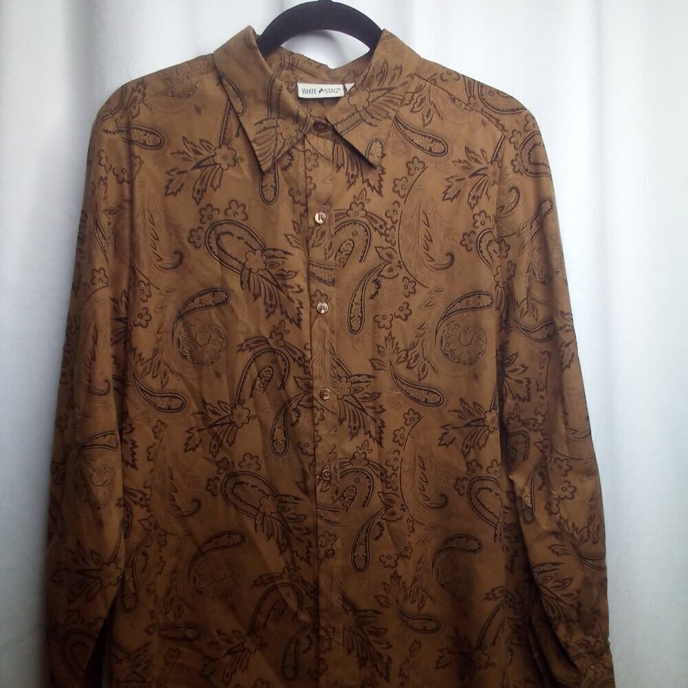 White Stag Shirt M Women Button Up Long Sleeve Suede Paisley Print Brown